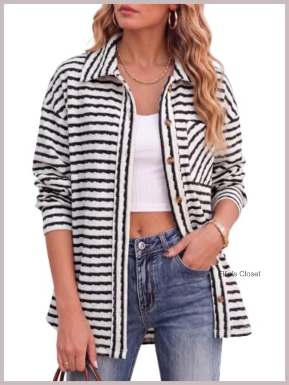 Striped Button Up Long Sleeve Shacket Jacket Women Casual Loose Fit